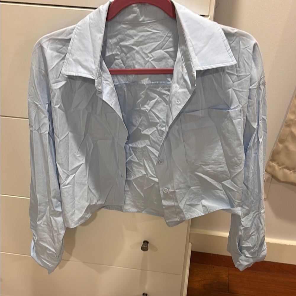 Blue Boxy Crop Button Down Shirt